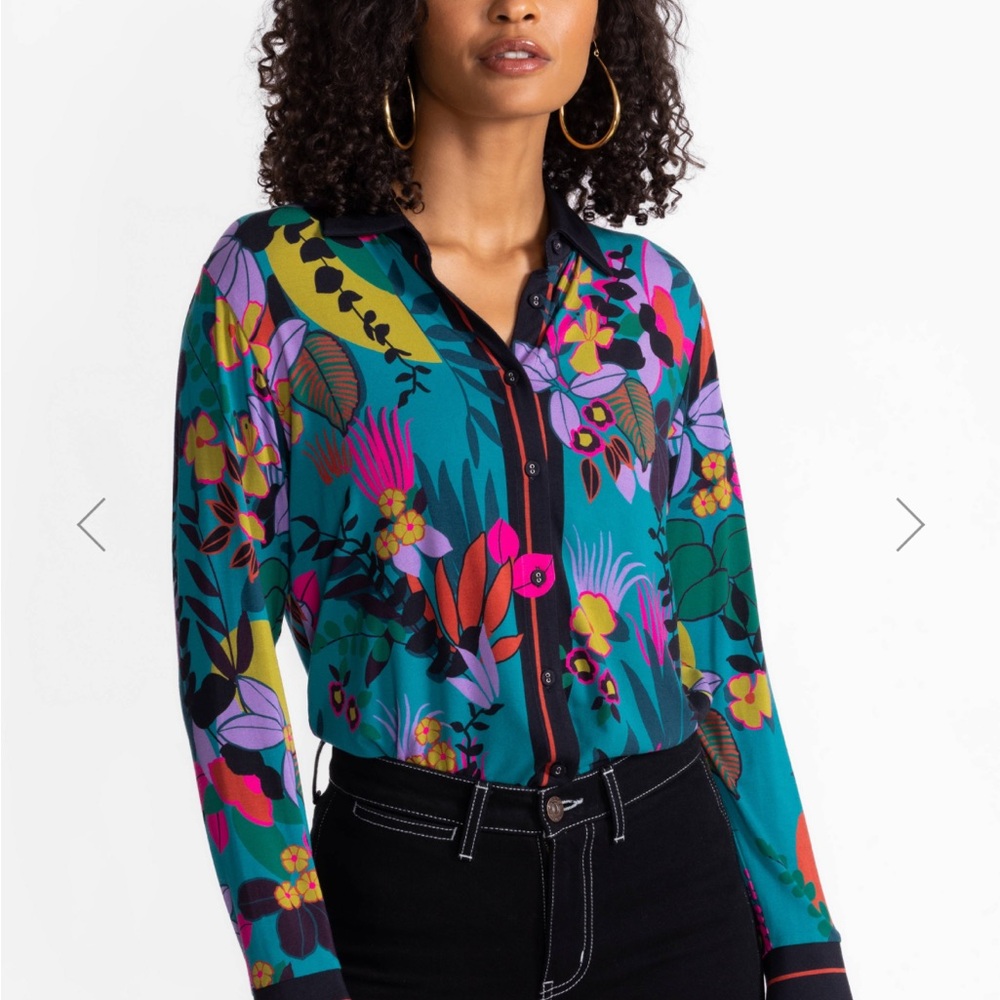 Johnny Was Teal Floral Button Down Shirt